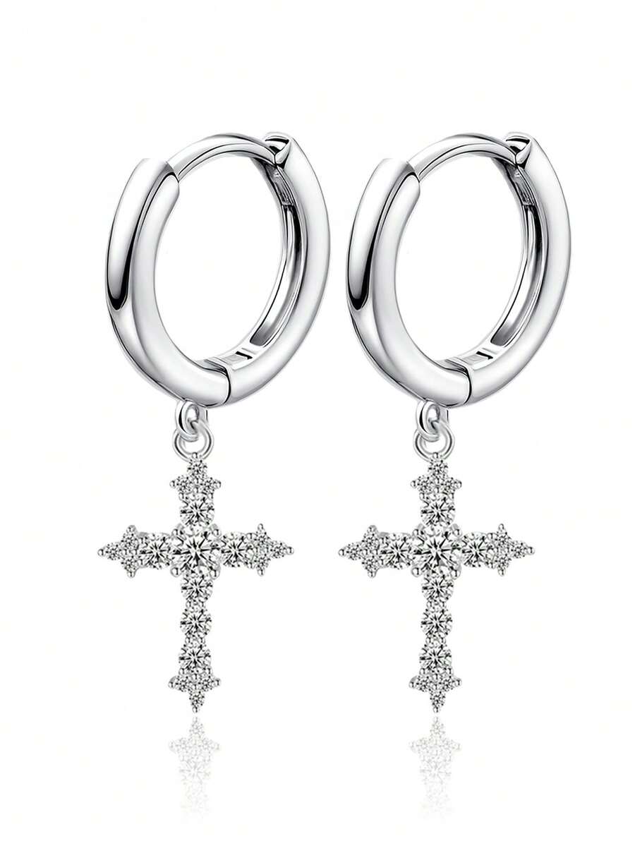 925纯银镶嵌立方氧化锆十字架耳环，低过敏性优雅耳环，适合女性日常佩戴，生日礼物 - 銀色 - 查看 1