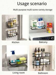 1pc Rust-Proof Shower Corner Shelf With Hooks, Wall-Mounted Adhesive Shower Storage Rack, Bathroom Organizer, Floating Wall-Mounted Shelf Bathroom Accessories - Multicolor - View 7