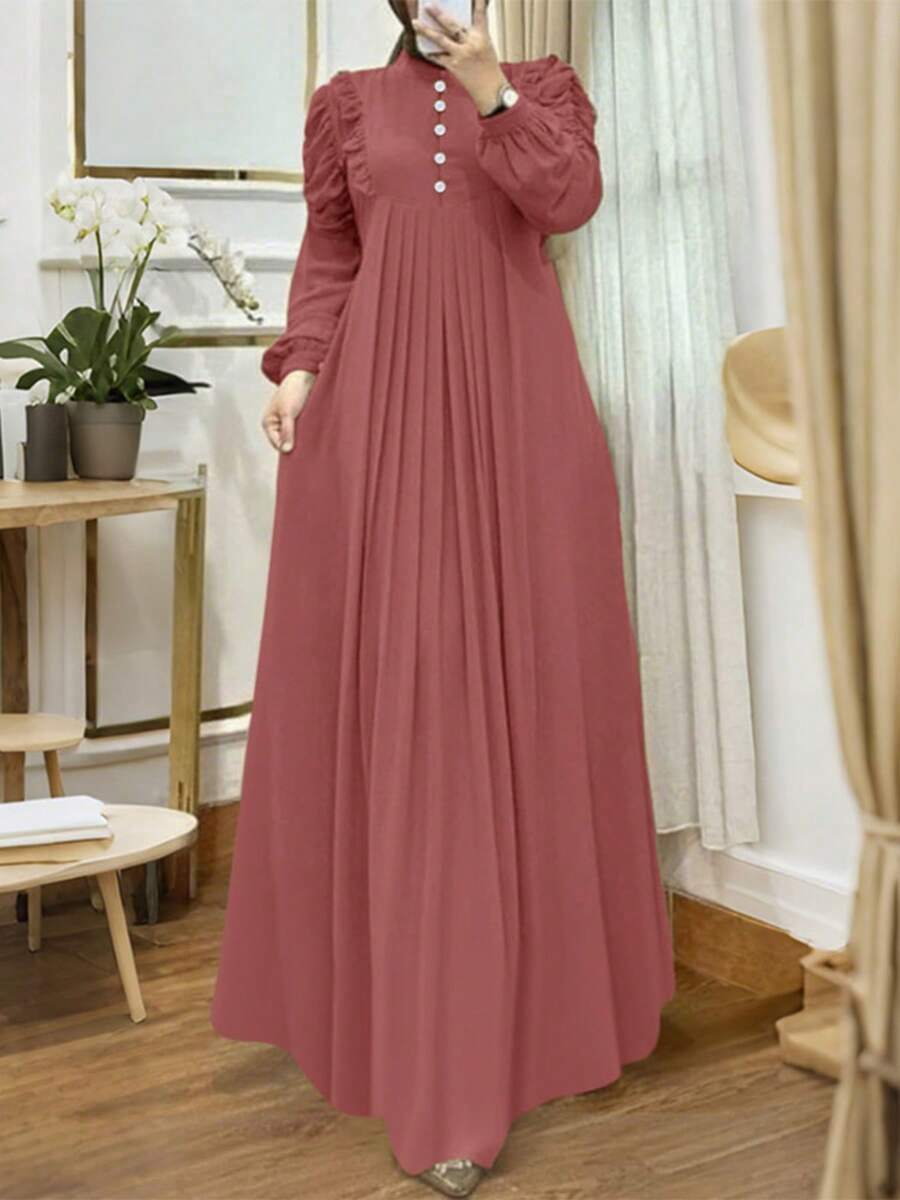 ZANZEA Elegant  Women Stand Neck Lettuce Trim Buttons Long Sleeve Pleated Muslim Dresses Holiday Casual Loose Long Dress - 豆沙色 - 查看 1