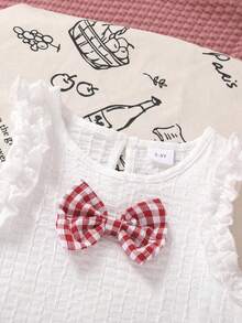 2pcs/Set Girls Soft & Comfortable Casual Fashion Cute Bow Decor Knitted Plaid T-Shirt Vest Paired With Fluffy Layered Ruffle Hem Shorts, Girls Outfit, Suitable For Summer Daily Wear, Vacation, Party And Outdoor Activities - Multicolor - View 4