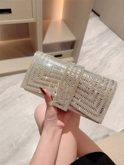 1 pieza Bolso Moonlit Eve, Embrague de sobre elegante decorado con brillantes de rhinestone plateado, que muestra un estilo de lujo. Hecho de material ABS, bolso de novia perfecto, bolso de noche, embrague para fiestas para mujeres, adecuado para bodas, galas, fiestas y un regalo ideal para ella