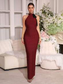 Modphy New Elegant Women's Long Dress, Luxury Pearl Design, Bodycon Maxi Dress, Stand Collar Sleeveless Black Bow Design, Back Slit Pencil Skirt, Bridesmaid Dress, Evening Party, Holiday, Birthday Party Dress, Maxi Dress - Burgundy - View 5