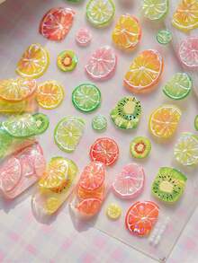 1片多汁水果切片奇异果西柚柠檬果冻清新5D美甲贴纸自粘按压式美甲贴，适合女性夏季美甲装饰，日常派对健康美甲用品 - 彩色 - 查看 2