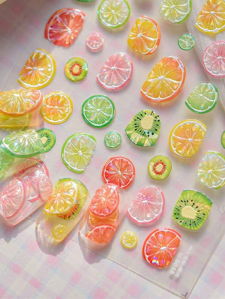 1片多汁水果切片奇异果西柚柠檬果冻清新5D美甲贴纸自粘按压式美甲贴，适合女性夏季美甲装饰，日常派对健康美甲用品 - 彩色 - 查看 2