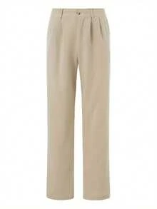 Men's Linen Pants Solid Color Pleated Mid Waist Straight Leg Casual Trousers With Pockets For Daily Office - 卡其 - 查看 5