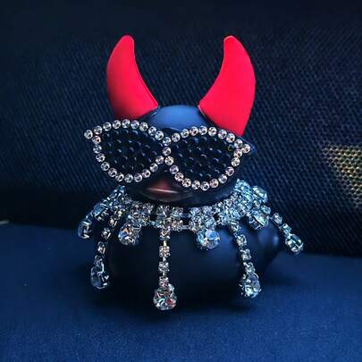 1pc Gothic Rubber Duck With Red Devil Horns, Diamond Necklace & Glasses - Durable PVC Halloween Car Dashboard Decor, Unique Party Accessory, Perfect Gift For Friends, Halloween Decorations