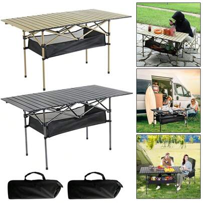 Foldable Camping Table Height-Adjustable Roll-Up Picnic Table With Storage Bag