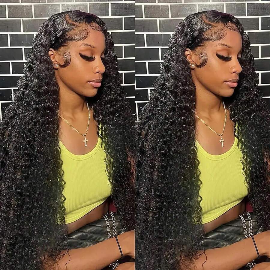 Uveous 42 Inch 250% Density Deep Wave Lace Front Wigs Human Hair 13x4 HD Transparent Lace Frontal Wigs Human Hair Pre Plucked 250% Density Curly Lace Front Wig Human Hair With Baby Hair Natural Hairline Natural Black Color