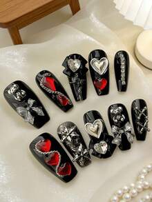 10pcs Valentine's Dark Baddie Style Long Coffin Nails, Handmade Exquisite Wearable Nails, Y2K Kawaii Small Bear Red Heart Crystal Nail Jewelry, Asymmetrical Chain, Bowknot Rhinestone Detachable Nail Art Decorations, Ballet Nail Elongates Fingers, Fashion Nail Accessories - Multicolor - View 8