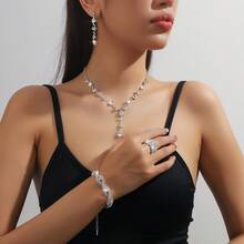Conjunto com 2 Peças de Bijuteria Elegante ,Brincos, Colar, Pulseira e Anel ,Cristal & Strass Brilhante - Prata - Visão 1