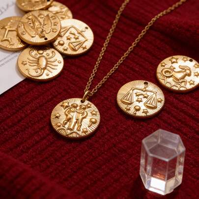 1/5 Pcs 304 Stainless Steel 18K Gold-Plated Round Relief 12 Zodiac Sign Pendant, Handmade Necklace Bracelet DIY Jewelry Accessories Pendant