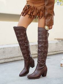 Women's Fashion Side Zipper Western Over-The-Knee Chunky Heel Cowboy Boots, Western Embroidered Retro Chunky Heel Mid-Calf V-Cut Riding Boots, Fashionable Boots - Brown - View 3