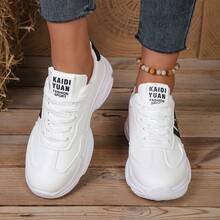 2026 New Spring/Summer Women Thick Sole Casual Sneakers, Breathable Athletic Shoes, Fashionable Lace-Up White Shoes - Black and White - View 4