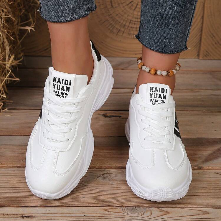 2026 New Spring/Summer Women Thick Sole Casual Sneakers, Breathable Athletic Shoes, Fashionable Lace-Up White Shoes - Black and White - View 4