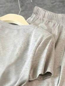 Tween Girl Heart Pattern Print Short Sleeve T-Shirt And Pants Casual Set - Grey - View 5