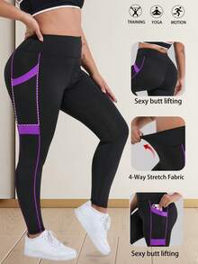Pantalones de yoga de cintura alta para mujer de talla grande, diseño de color contrastante, bolsillos laterales, mallas ajustadas para correr, entrenamiento, deportes casuales negros de primavera - Negro - Ver 2