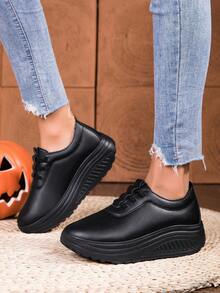 New Thick Sole Women Shaking Shoes, Casual Shoes, Elevator Shoes, Solid Color Shoes, Dirt-Resistant, Fashion Design, Versatile Women Shoes - Black - View 3