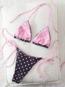 Polka Dot Print Backless Bikini Set, Sexy Beach Vacation Pink Summer - Pink - View 3