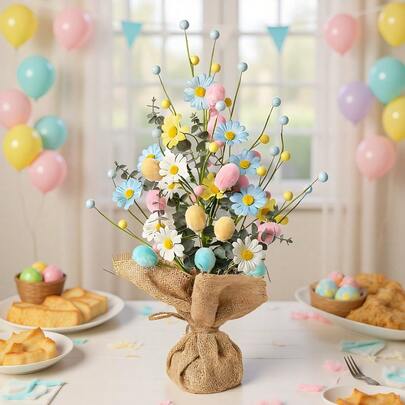 Easter Decor Ornament, Burlap Wrapped Daisy & Eucalyptus Leaves, Tabletop & Home Decoration For Holiday Atmosphere
