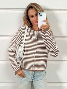 Womens Striped Cardigan Casual Long Sleeve Open Front Button Down Loose Knit Lightweight Fall Sweaters - 棕色 - 查看 6