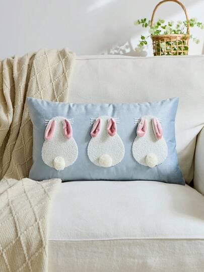 1件复活节朦胧蓝兔刺绣抱枕套，3D兔耳装饰靠垫套，适合室内装饰，春夏枕套，不含枕芯