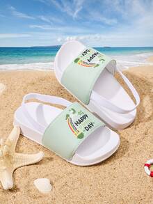 1 Pair Girls Cute Funny Letter Print Casual Flat Open Toe Sandals With Heel Strap, Suitable For Summer