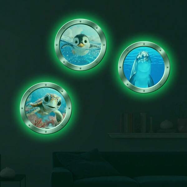 1/3pcs Ocean-Themed Glow-In-The-Dark Porthole Sticker, Removable Self-Adhesive PVC Waterproof Underwater Animal Wall Decal, Suitable For Bathroom Accessories, Refrigerator And TV Background Decoration.