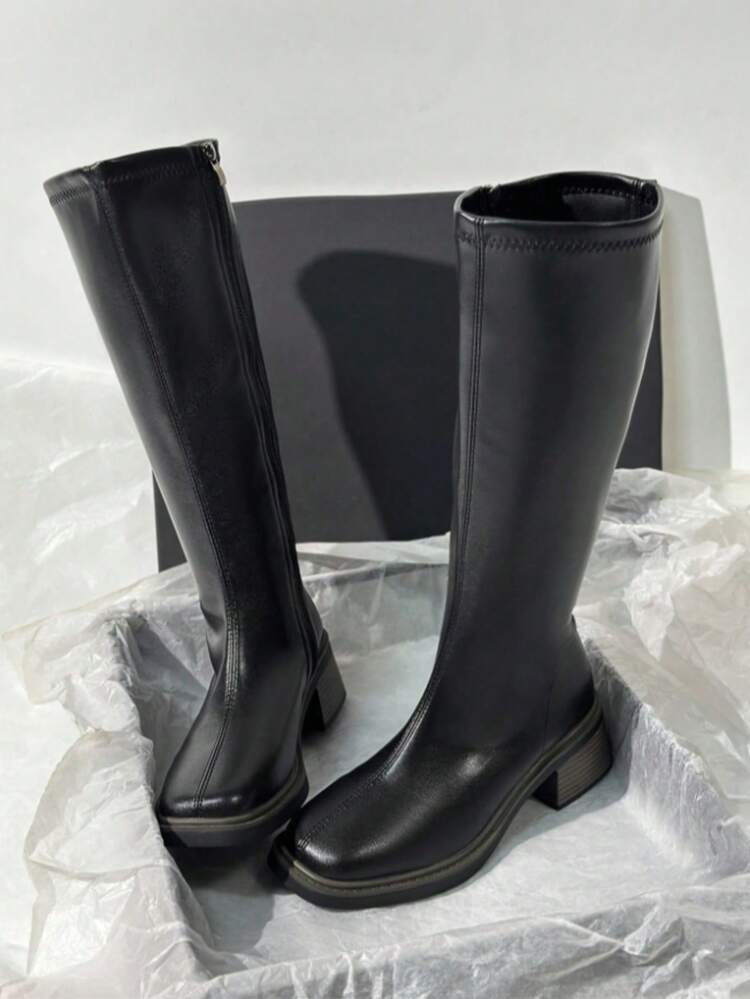 New Autumn/Winter Brown Over-The-Knee Chunky Heel Slim Boots, Classic Black Mid-Calf Riding Boots, Fashion Tall Boots For Women,Party - 黑色 - 查看 6