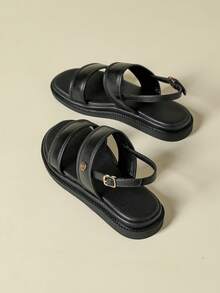 厚底女士搭扣凉鞋，撞色复古度假波西米亚风露趾设计，舒适坡跟平底鞋，适合春季、夏季、海滩、连衣裙、休闲穿着 - 黑色 - 查看 5