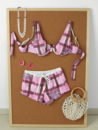 Bộ bikini hai mảnh kẻ caro hồng tím dành cho nữ, có gọng nâng ngực, kiểu dáng ngọt ngào và quyến rũ, thích hợp cho kỳ nghỉ biển, mùa hè xuân 2026.