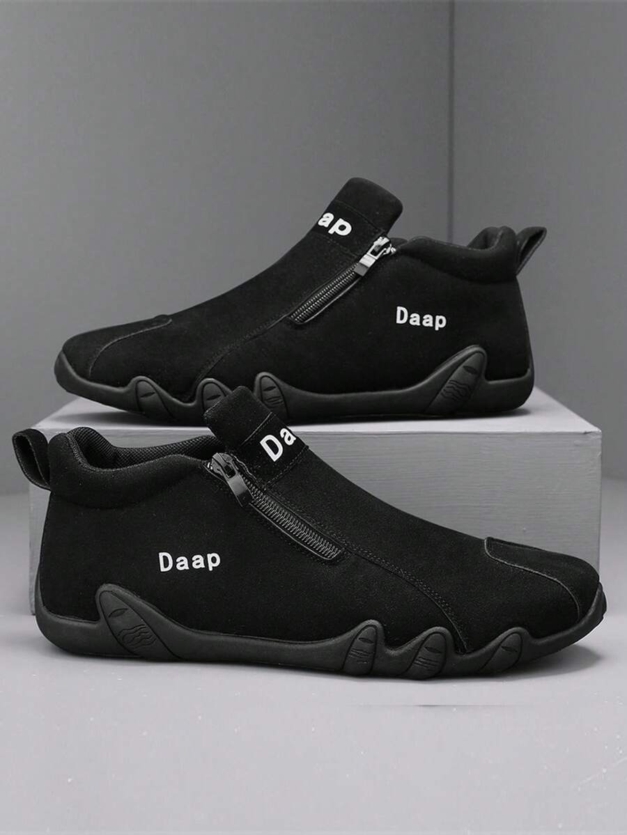 男士休闲运动鞋、户外皮鞋、时尚拉链低帮踝靴、防水皮靴、休闲乐福鞋、防水防滑运动鞋、时尚厚底增高鞋、复古做旧彩色拉链皮鞋 - 黑色 - 查看 1