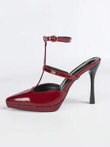 女士尖头厚底闭趾踝带金属扣高跟凉鞋，简约基础款，适合夏秋穿着 - 紅色 - 查看 6