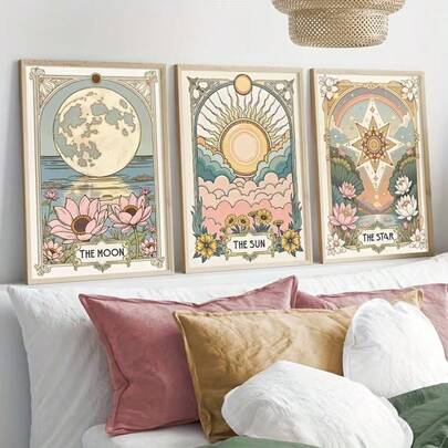 3pcs Vintage Sun, Star And Moon Tarot Card Art Print Wall Art, Nostalgic Floral Plant Wall Decor, Boho Style Canvas Poster, Starry Sky Artwork, Suitable For Living Room, Bedroom, Kitchen, Office, Cafe, Bar, Dorm And Hallway