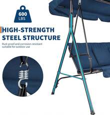 Columpio de exterior de 3 plazas con toldo ajustable y cojines gruesos, banco deslizante con patas antideslizantes y ganchos de resorte resistentes, resistente a los rayos UV, impermeable, capacidad de 227 kg para patio, jardín y patio trasero. - Azul - Ver 6