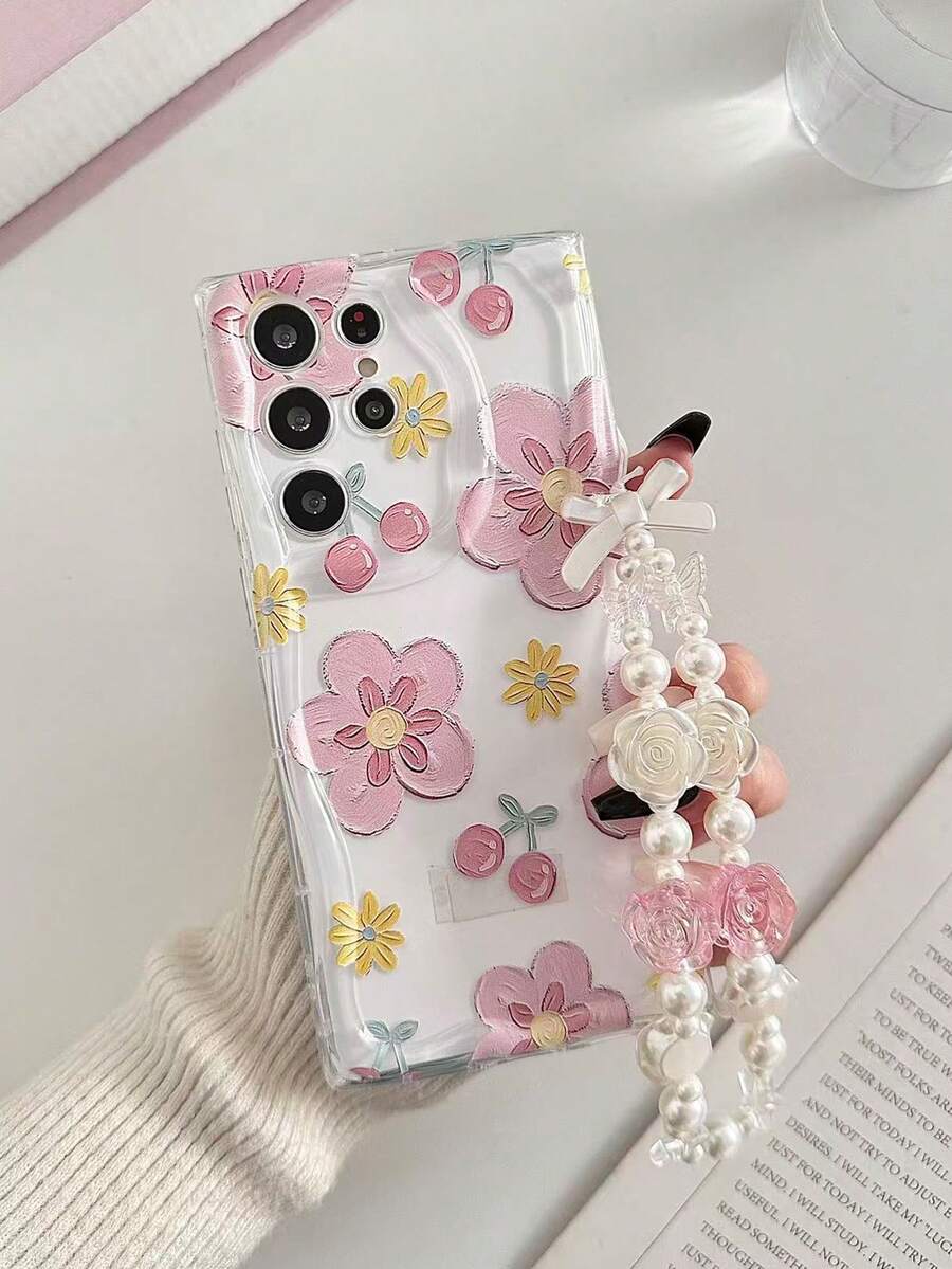 Cherry Blossom Printed Cream Wavy Edge Glossy Painted Anti-Drop Phone Case With Beaded Bracelet Accessory, Compatible With Samsung Galaxy S25/S25PLUS/S25 Ultra/A16/A36/A26/A56/A50/A12/A32/A52/A72/A51/A21S/A13/A14/S24/S24PLUS/S24Ultra/S20/S23/S22/A53/S20FE/S21/, 11/12Pro/12/12X/13Pro/14Pro/15Pro/X3pro/, Redmi 10/9/Note9/12c/Note11pro/Note8Pro/9C/9a - Multicolor - View 1