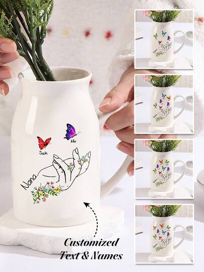 1pc Personalized Butterfly Home Decoration Vase, Custom Name Flower Vase With Cute Colorful Butterfly Design, Stylish Daily Decorative Vase For Living Room Bedroom Desk, Unique Home Decor Gift, Customized Vase For Grandma Mom Girlfriend Wife, Mother's Day Gift, Valentine's Day Gift, Birthday Gift, Anniversary Present, Everyday Elegant Home Accent, Fashionable Butterfly Vase