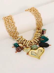 奢华金属链心形吊坠项链，纹理石装饰简约颈链，复古时尚个性化项链 - 金屬鏈愛心墜 - 查看 8