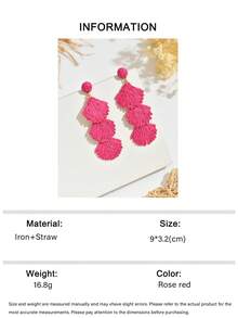 OOQ 1 Pair Handmade Bohemian Style Raffia Straw Shell Tassel Long Earrings, Geometric Design Earrings Suitable For Beach, Holiday, Wedding, Mother's Day, Music Festival, Daily Wear, Party (Handcrafted Raffia Weaving, Shape And Direction Random) - Hot Pink - View 6