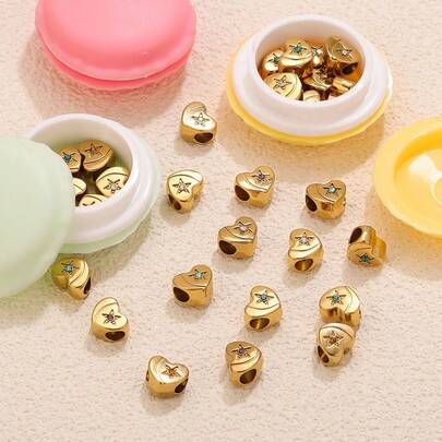 Exquisite Packaging 5pcs 304 Stainless Steel 18K Gold-Plated Heart-Shaped Pentagram Beads With Diamond Embedding DIY Charm Jewellery Making Accessories Women's Stainless Steel Jewellery Female Ornaments Beadwork Handcrafted Components