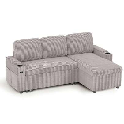 Corner Sofa Bed, L-Shaped Sleeper Sectional Couch Bed, 3-In-1 Corduroy Convertible Pull Out Sofa Bed With Adjustable Backrest, Storage, USB And Cup Holder For Living Room, Grey
