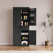 Despensa de cocina de 183 cm de alto, armario de madera con 4 puertas y 2 estantes ajustables para comedor, sala de estar y oficina en casa. - Negro - Ver 1
