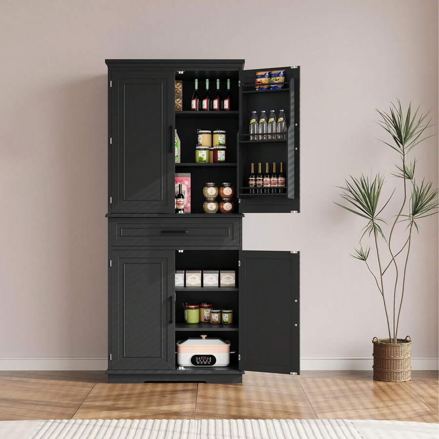 Despensa de cocina de 183 cm de alto, armario de madera con 4 puertas y 2 estantes ajustables para comedor, sala de estar y oficina en casa. - Negro - Ver 1