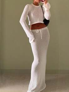 VIBEWAVE 新款夏季海滩度假薄纱长袖毛衣纹理沙滩时尚针织修身半身裙套装 - 白色 - 查看 1