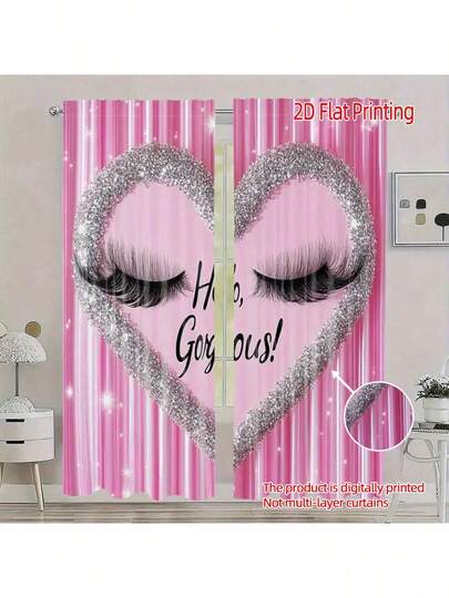 2pcs Shimmering Pink Heart-Shaped Curtains Adorned With A "Hello Gorgeous!" Eyelash Pattern - 2D Flat Print, Rod Curtains, Suitable For Living Room, Bedroom, Or Study | Charming Home Decor | Easy-To-Hang Curtains, Rod Curtains