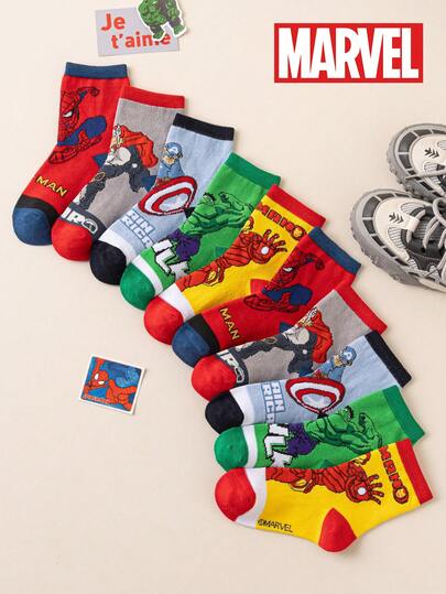 Marvel 5双装儿童袜子，漫威超级英雄蜘蛛侠图案，男童短袜，女童卡通袜，透气吸湿儿童袜