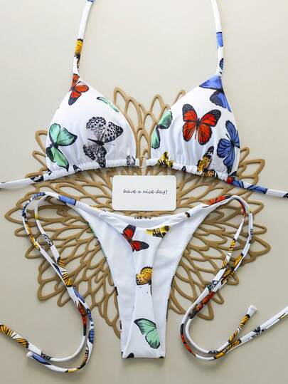 2 件蝴蝶和昆虫印花性感露背系带女式泳衣比基尼，适合度假、海滩、舞台和音乐会、夏季