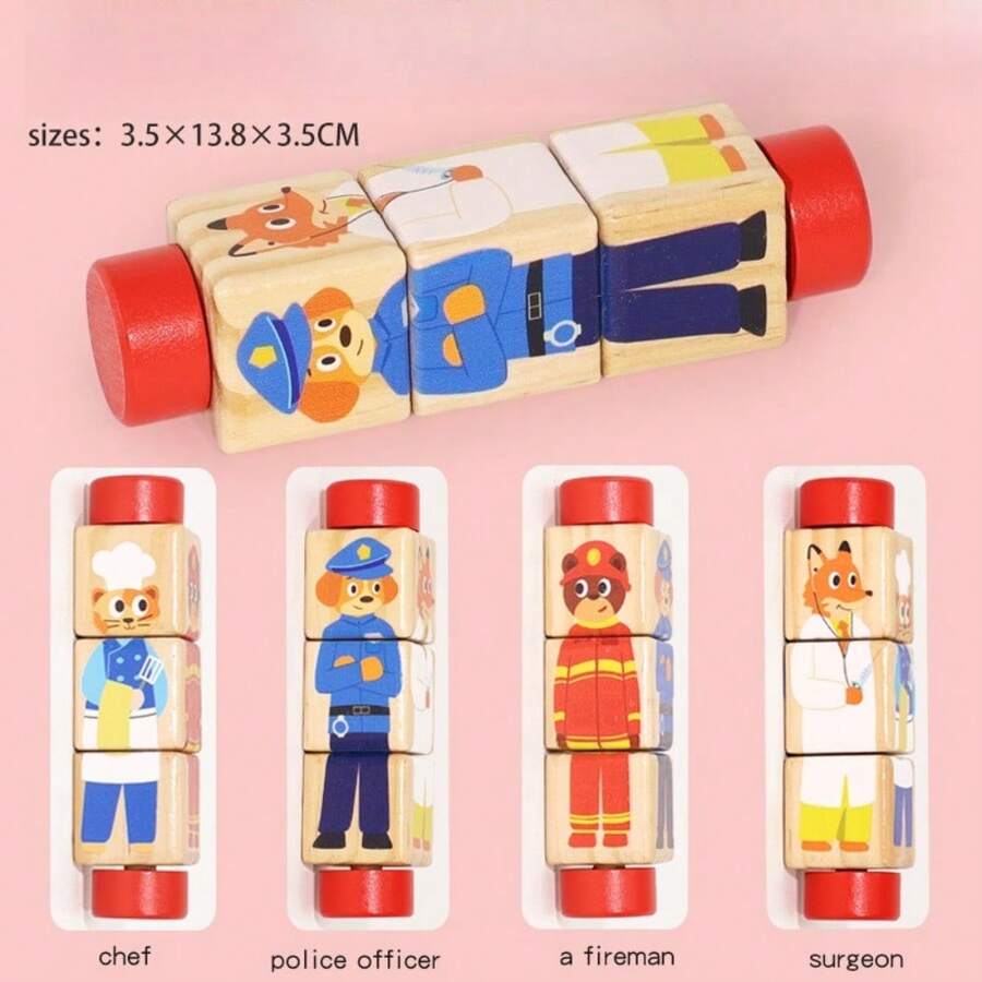 1pc Rotating Puzzle Wooden Vertical Building Blocks Toy, Cartoon Blocks Educational Toy, Rotating Toy, Children Hand-Eye Coordination Training Puzzle Toy - Character Version - View 1