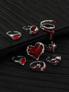 8pcs Punk Style Chic Red Drip Oil Heart Rhinestone Spider Rings & Crescent Moon Heart Rhinestone Ring Set For Women - Silver - View 4