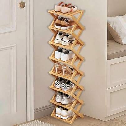 8 Tier Bamboo Foldable Shoe Rack SmallVertical Wooden Shoe Racks Small Shoe Rack For Narrow Space Without Installation Indoor For Hallway Entryway Corner Bedroom Natural-8 Tier