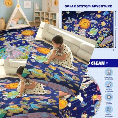 Outer Space Adventure 5x7 Rug Vibrant Galaxy Scene With Planets Astronauts Spaceships And Fun Details Perfect Playroom Or Bedroom Carpet For Learning And ImaginationFull Of Fun